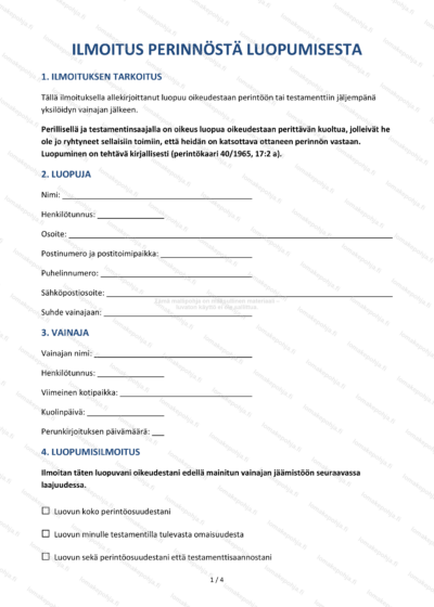 Perinnöstä luopumisen ilmoitus – Muokattava ilmoituspohja Word & PDF — sopimuspohja DOCX-muodossa