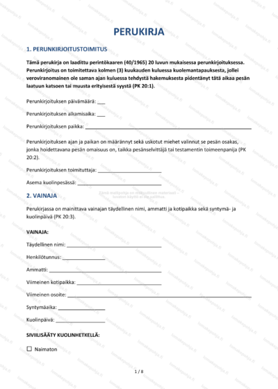 Perukirja — Kuolinpesän lomakepohja Word & PDF — sopimuspohja DOCX-muodossa