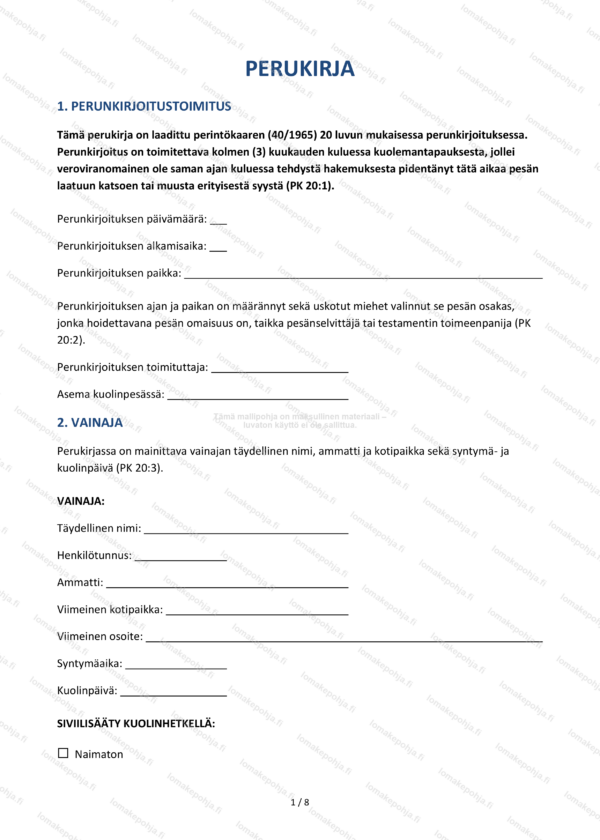 Perukirja — Kuolinpesän lomakepohja Word & PDF