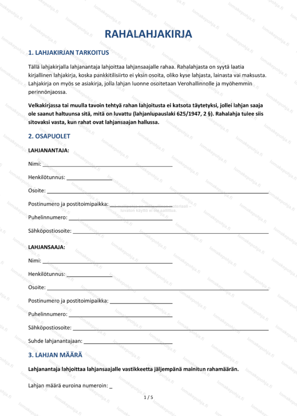 Rahalahjakirja | Ladattava lahjakirjapohja Word & PDF