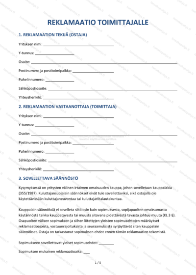 Reklamaatio toimittajalle – Yritysten välinen pohja Word & PDF — sopimuspohja DOCX-muodossa