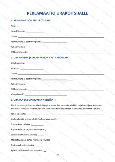 Reklamaatio urakoitsijalle — Muokattava lomakepohja Word & PDF — sopimuspohja DOCX-muodossa