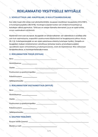 Reklamaatio yksityiselle myyjälle — Ladattava mallipohja Word & PDF — sopimuspohja DOCX-muodossa