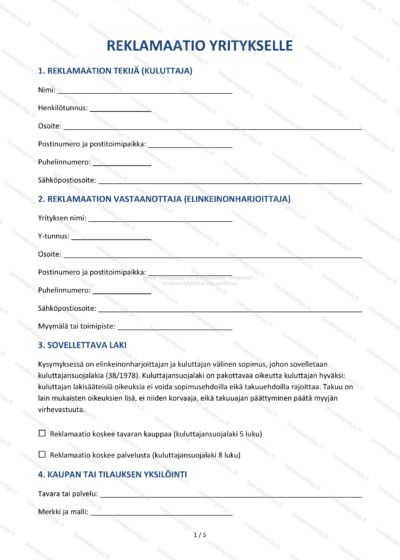 Reklamaatio yritykselle | Kuluttajan mallipohja Word & PDF — sopimuspohja DOCX-muodossa