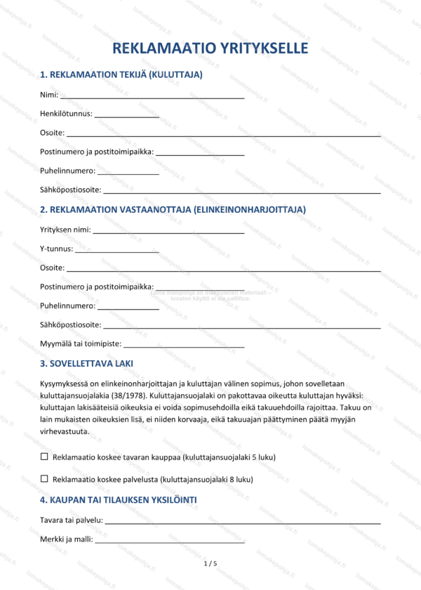 Reklamaatio yritykselle | Kuluttajan mallipohja Word & PDF