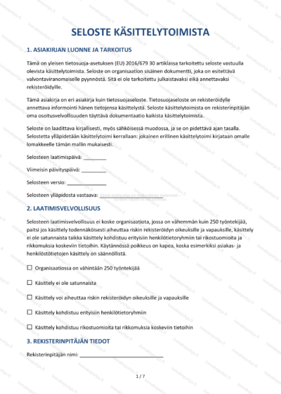 Seloste käsittelytoimista | GDPR-lomakepohja Word & PDF — sopimuspohja DOCX-muodossa