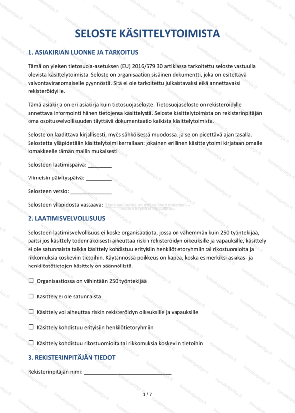 Seloste käsittelytoimista | GDPR-lomakepohja Word & PDF