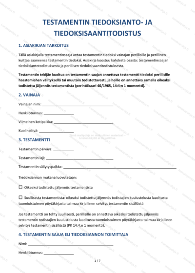 Testamentin tiedoksianto — Todistuspohja Word & PDF — sopimuspohja DOCX-muodossa