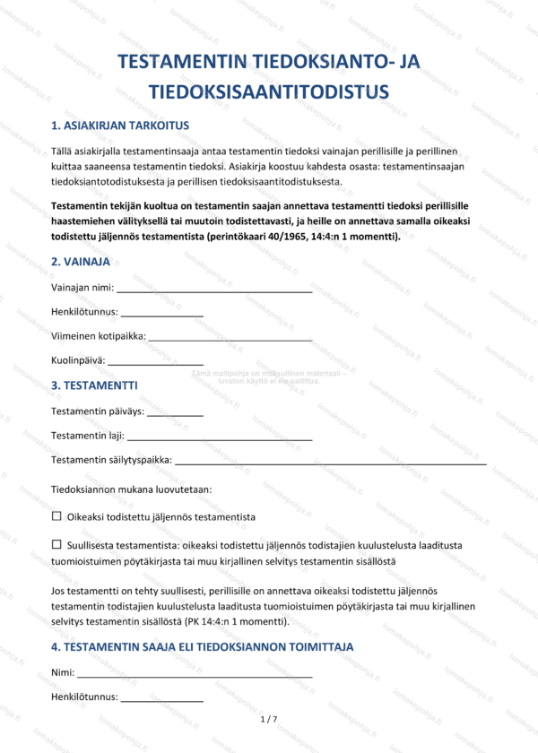 Testamentin tiedoksianto — Todistuspohja Word & PDF
