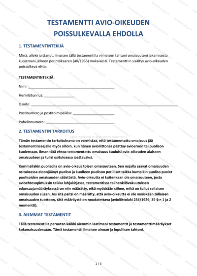 Avio-oikeuden poissulkeva testamentti — Ladattava pohja Word & PDF — sopimuspohja DOCX-muodossa