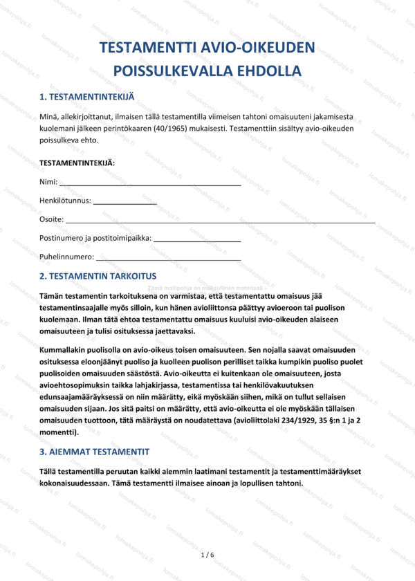 Avio-oikeuden poissulkeva testamentti — Ladattava pohja Word & PDF