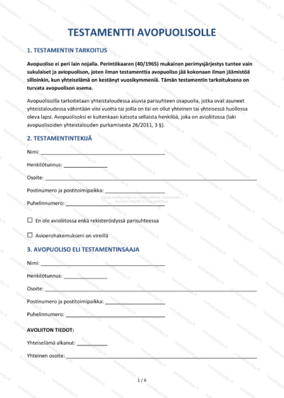 Testamentti avopuolisolle – Muokattava testamenttipohja Word & PDF — sopimuspohja DOCX-muodossa