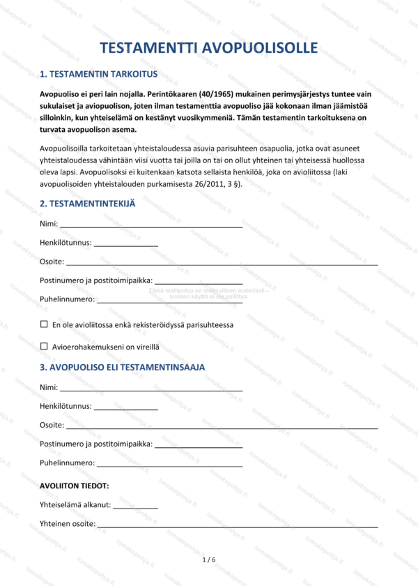 Testamentti avopuolisolle – Muokattava testamenttipohja Word & PDF