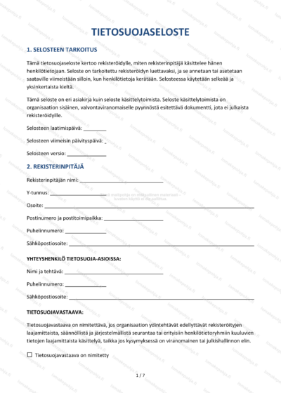 Tietosuojaseloste — Verkkosivun mallipohja Word & PDF — sopimuspohja DOCX-muodossa