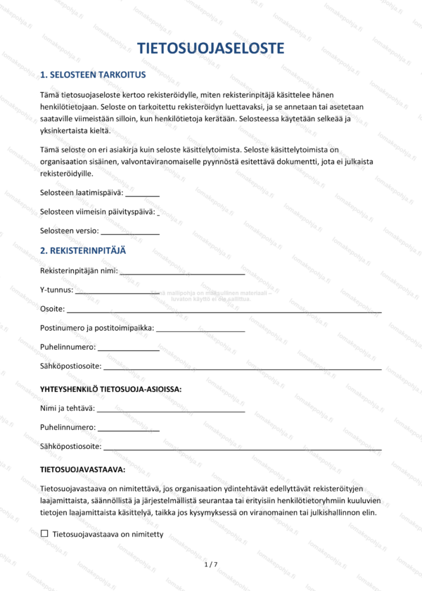 Tietosuojaseloste — Verkkosivun mallipohja Word & PDF