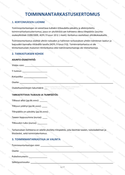 Toiminnantarkastuskertomus — Tulostettava mallipohja | Word & PDF — sopimuspohja DOCX-muodossa