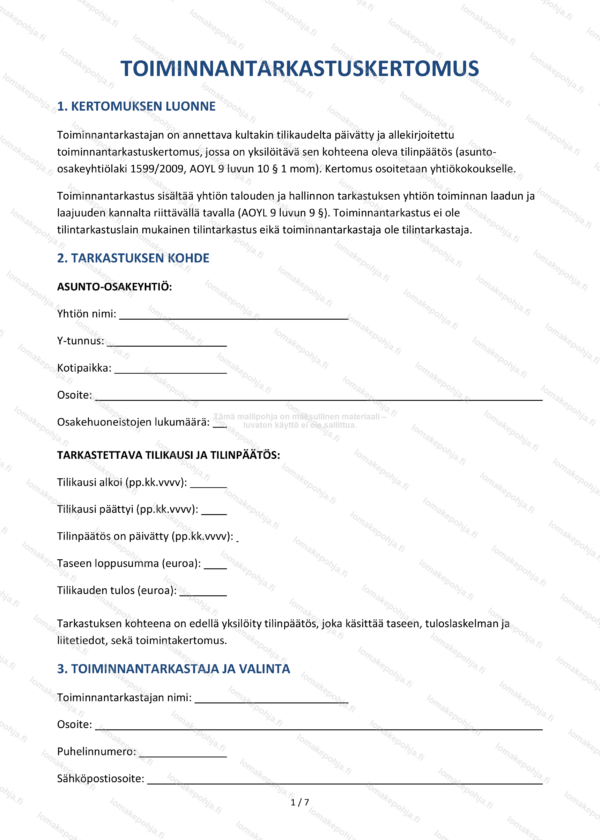 Toiminnantarkastuskertomus — Tulostettava mallipohja | Word & PDF
