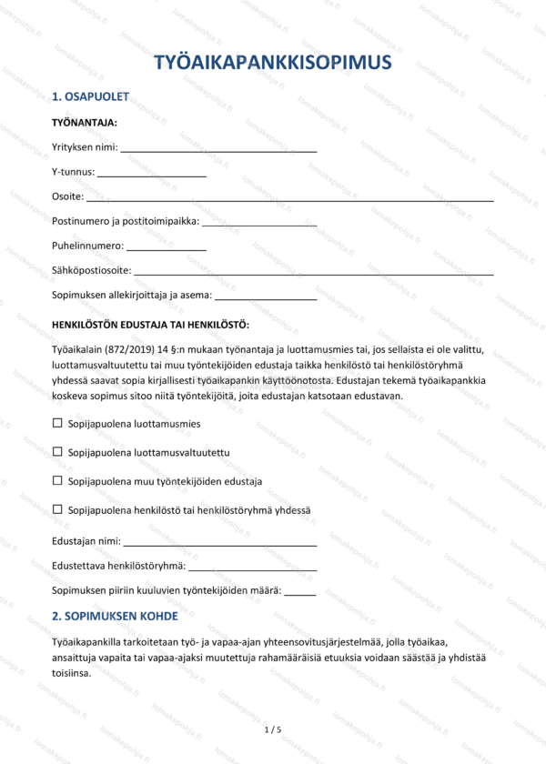 Työaikapankkisopimus | Työajan sopimusmalli Word & PDF
