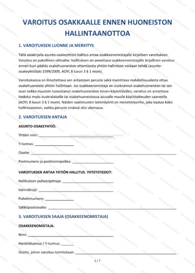 Varoitus osakkaalle — Asunto-osakeyhtiön mallipohja Word & PDF — sopimuspohja DOCX-muodossa