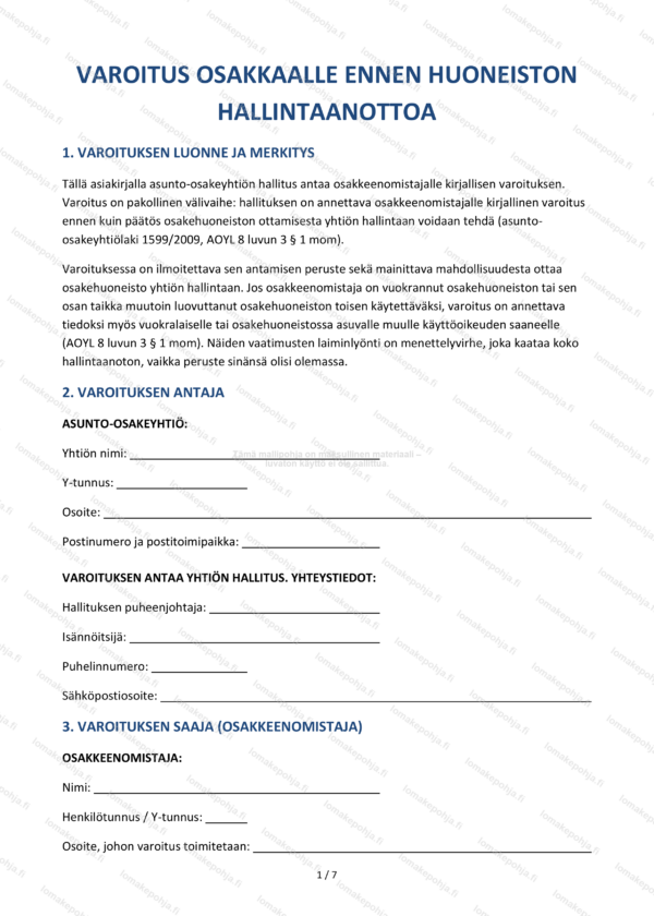 Varoitus osakkaalle — Asunto-osakeyhtiön mallipohja Word & PDF