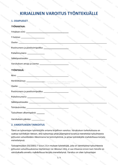 Varoitus työntekijälle — Työsuhteen mallipohja Word & PDF — sopimuspohja DOCX-muodossa