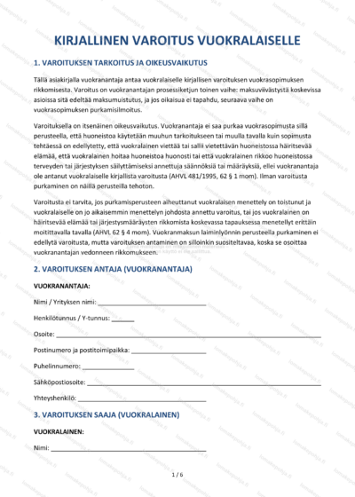 Varoitus vuokralaiselle — Vuokrasuhteen mallipohja Word & PDF — sopimuspohja DOCX-muodossa