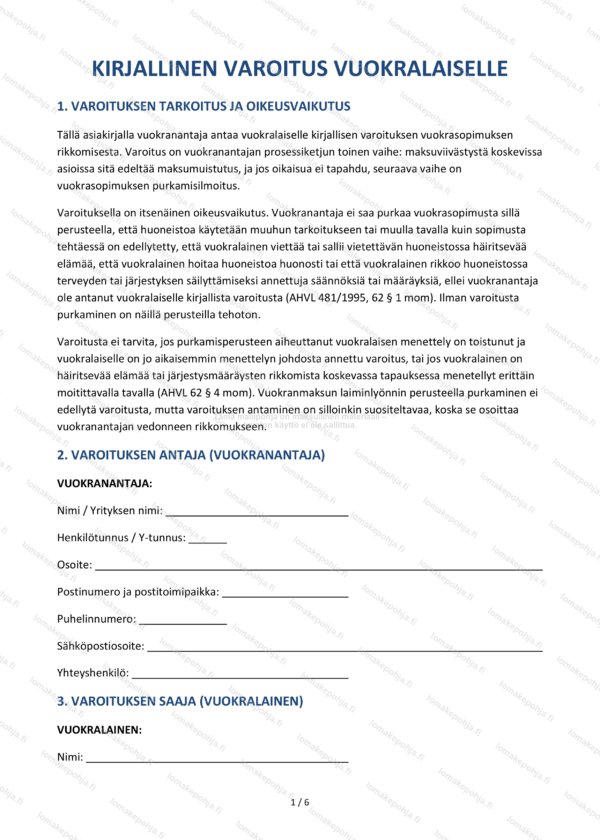 Varoitus vuokralaiselle — Vuokrasuhteen mallipohja Word & PDF