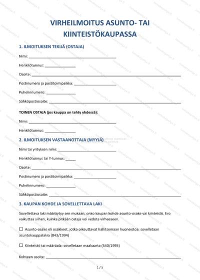 Virheilmoitus asuntokaupassa | Asuntokaupan lomakepohja Word & PDF — sopimuspohja DOCX-muodossa
