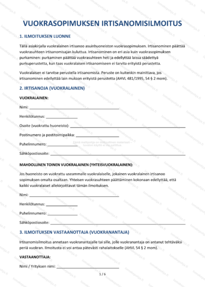 Irtisanomisilmoitus vuokralaiselta — Ladattava lomakepohja — sopimuspohja DOCX-muodossa