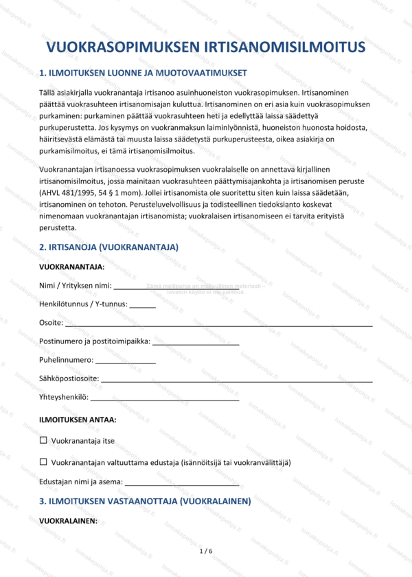Irtisanomisilmoitus vuokranantajalta | Muokattava mallipohja