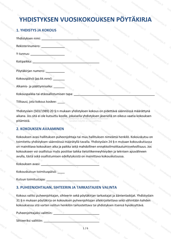 Yhdistyksen vuosikokouksen pöytäkirja – Muokattava pohja | Word & PDF