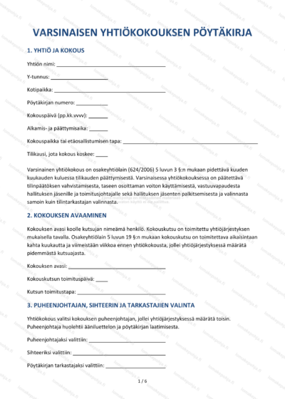 Yhtiökokouksen pöytäkirja — Pöytäkirjamalli Word & PDF — sopimuspohja DOCX-muodossa